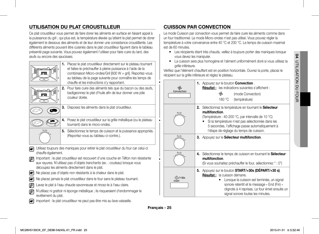 Samsung MC28H5135CK/EF manual Utilisation DU Plat Croustilleur, Cuisson PAR Convection 