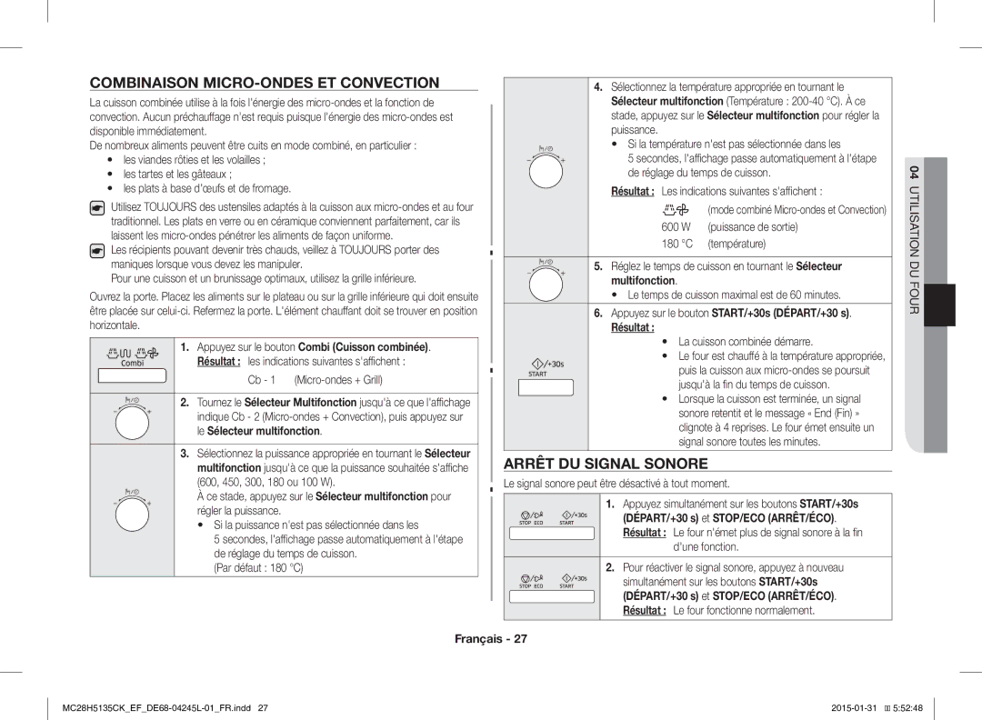 Samsung MC28H5135CK/EF manual Combinaison MICRO-ONDES ET Convection, Arrêt DU Signal Sonore, La cuisson combinée démarre 