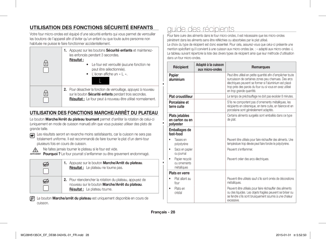 Samsung MC28H5135CK/EF manual Guide des récipients, Utilisation DES Fonctions Sécurité Enfants 