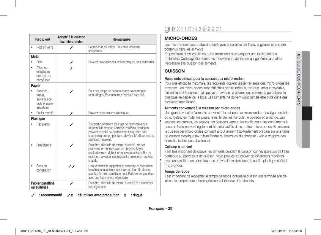 Samsung MC28H5135CK/EF manual Guide de cuisson, Micro-Ondes, Cuisson 