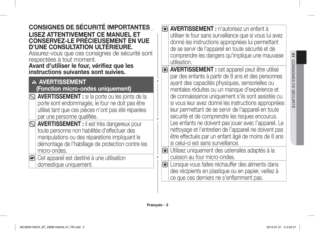 Samsung MC28H5135CK/EF manual Avertissement 