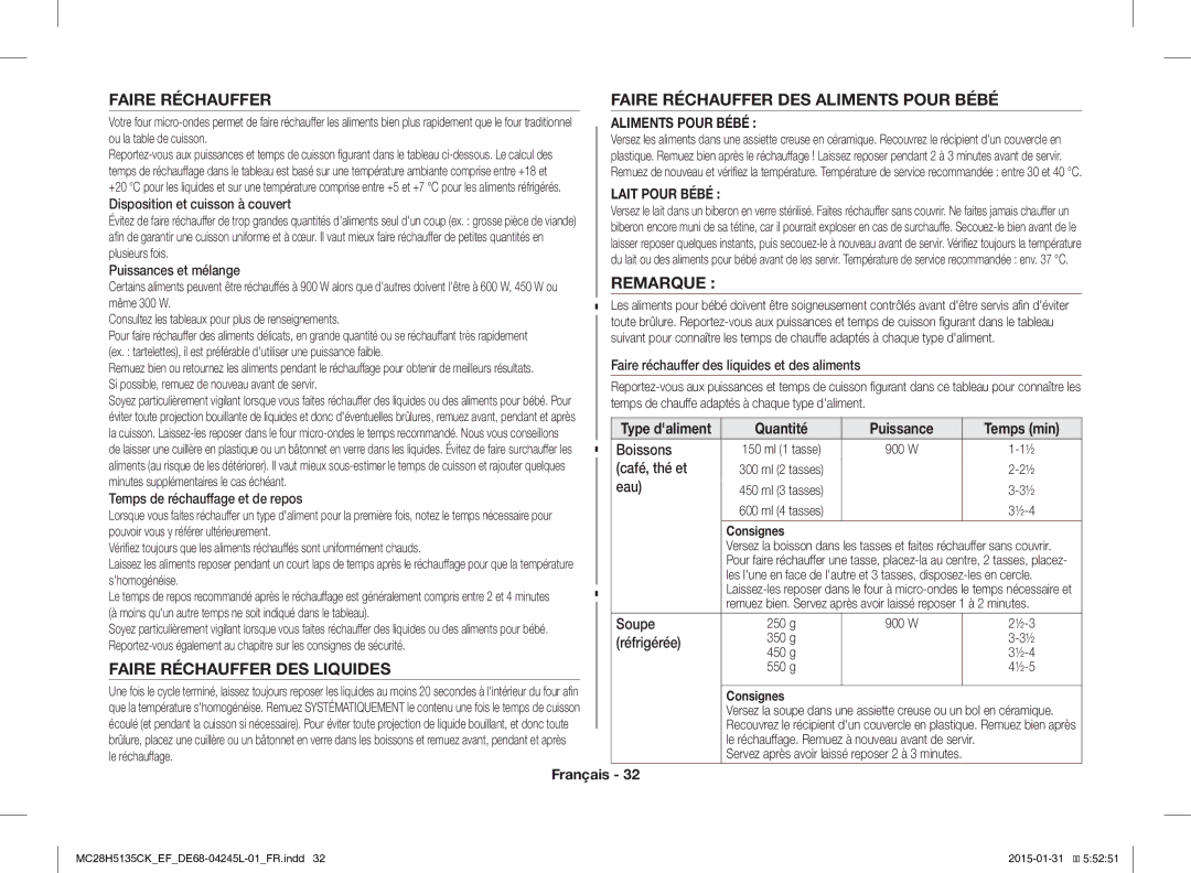 Samsung MC28H5135CK/EF manual Faire Réchauffer DES Liquides, Faire Réchauffer DES Aliments Pour Bébé, Remarque 