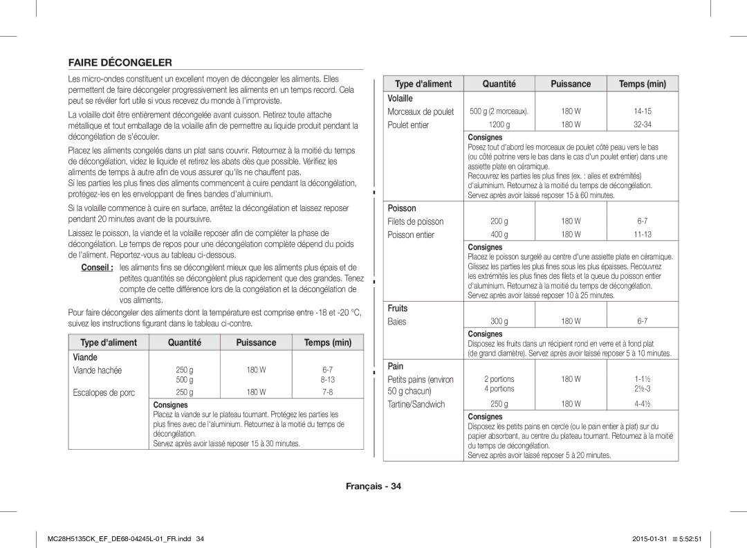 Samsung MC28H5135CK/EF manual Faire Décongeler 