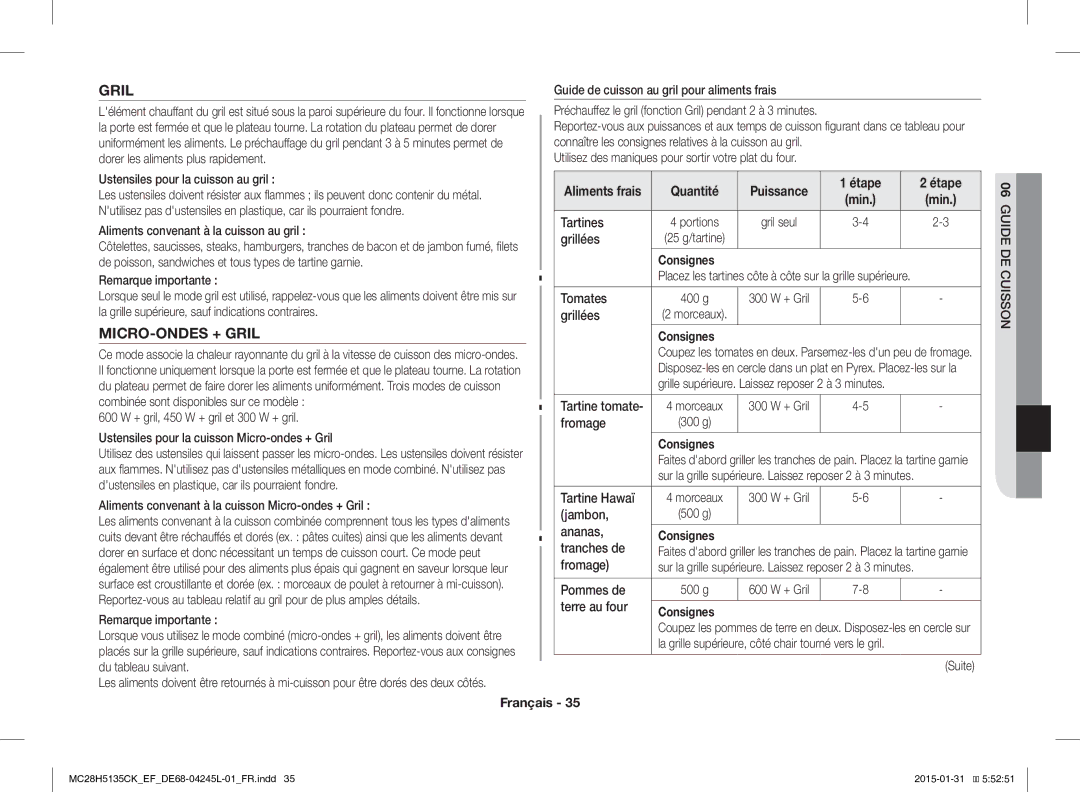 Samsung MC28H5135CK/EF manual MICRO-ONDES + Gril, Quantité Puissance Étape 