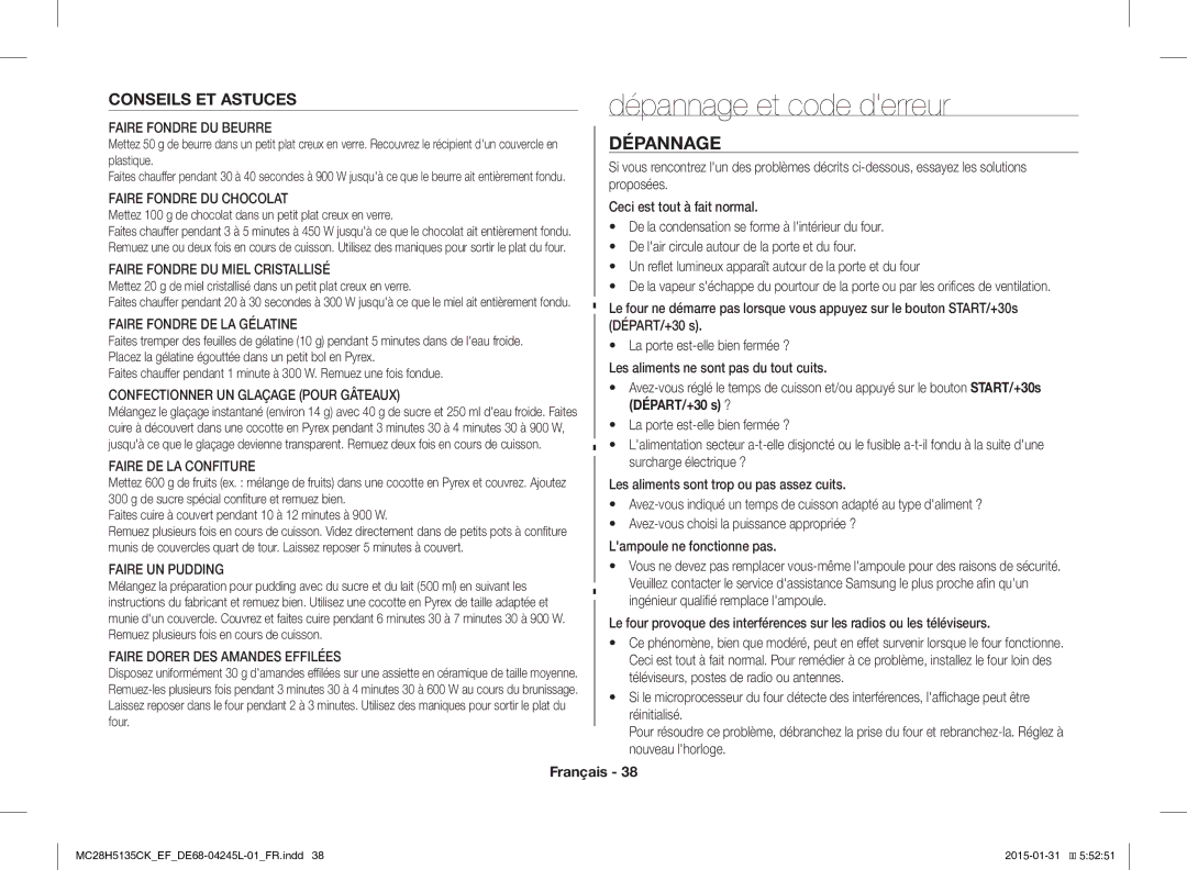 Samsung MC28H5135CK/EF manual Dépannage et code derreur, Conseils ET Astuces 