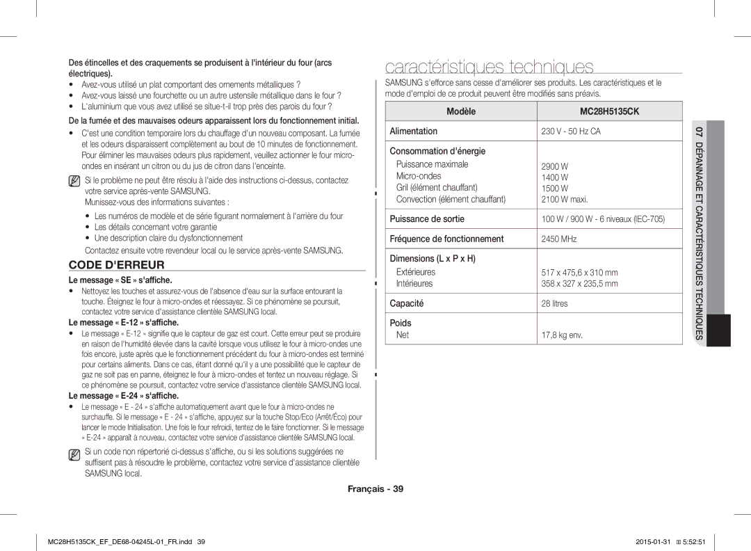 Samsung MC28H5135CK/EF manual Caractéristiques techniques, Code Derreur 