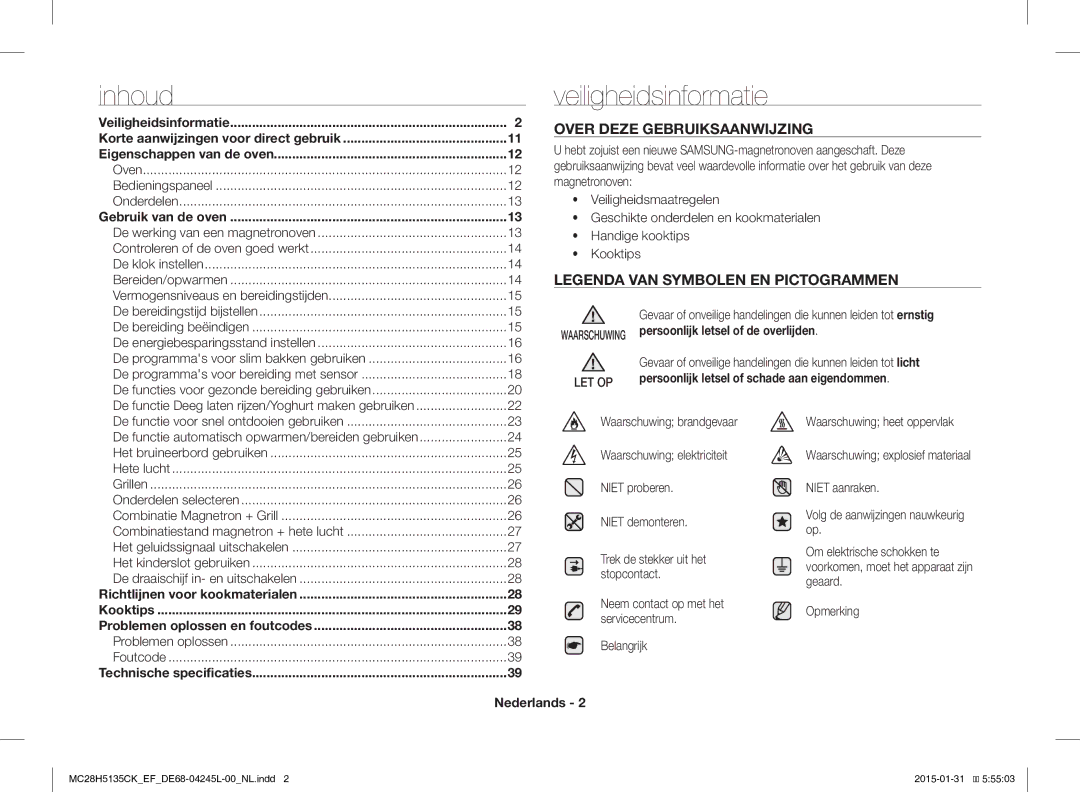 Samsung MC28H5135CK/EF manual Veiligheidsinformatie, Over Deze Gebruiksaanwijzing, Nederlands 