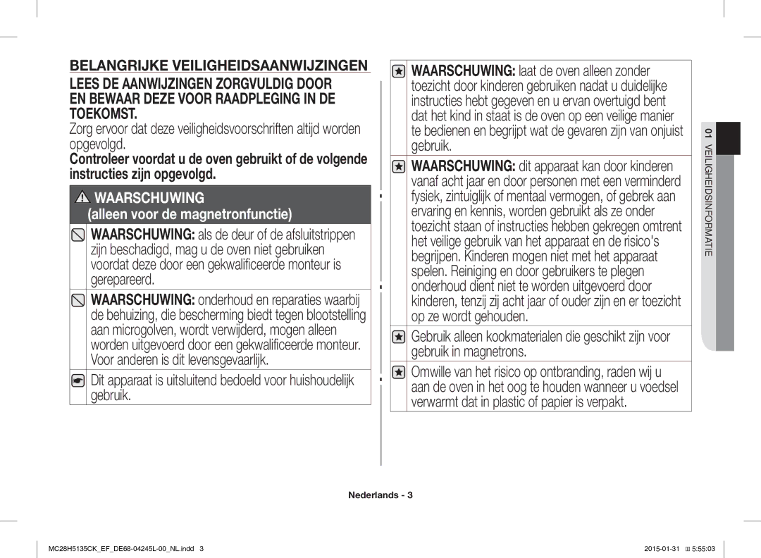 Samsung MC28H5135CK/EF manual Waarschuwing 