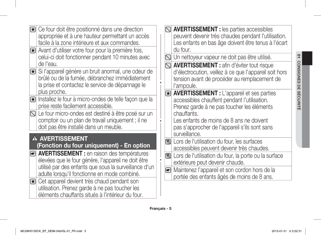 Samsung MC28H5135CK/EF manual Fonction du four uniquement En option 