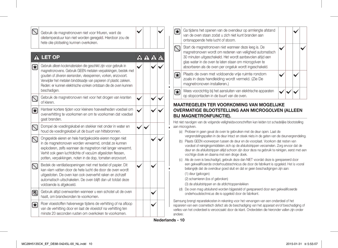 Samsung MC28H5135CK/EF manual Let Op 