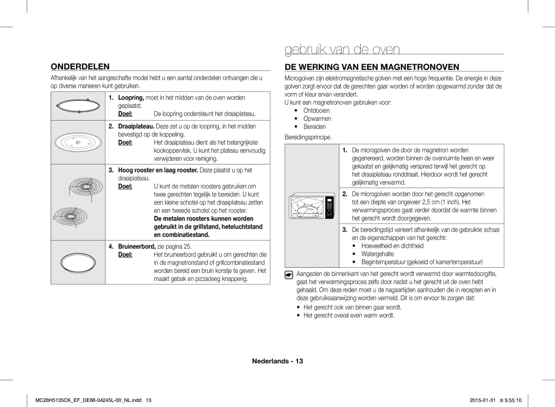 Samsung MC28H5135CK/EF Gebruik van de oven, Onderdelen, DE Werking VAN EEN Magnetronoven, Doel, Bruineerbord, zie pagina 