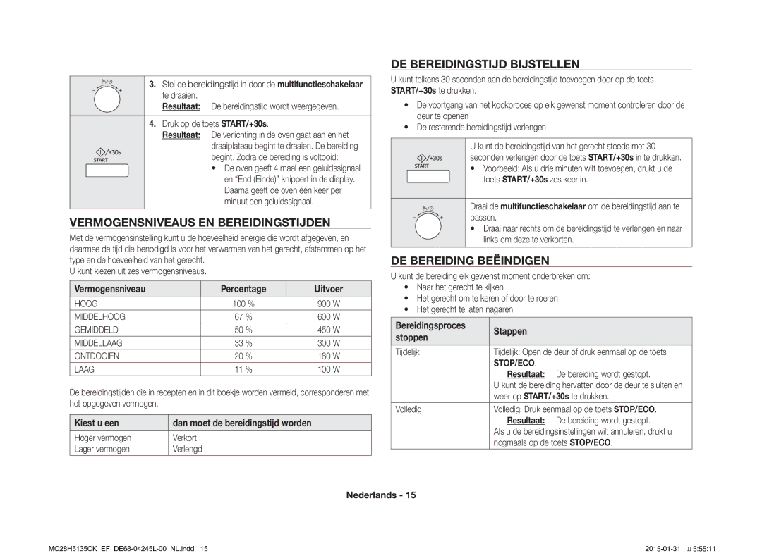 Samsung MC28H5135CK/EF manual Vermogensniveaus EN Bereidingstijden, DE Bereidingstijd Bijstellen, DE Bereiding Beëindigen 