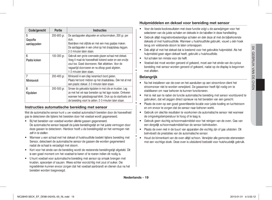 Samsung MC28H5135CK/EF Instructies automatische bereiding met sensor, Hulpmiddelen en deksel voor bereiding met sensor 