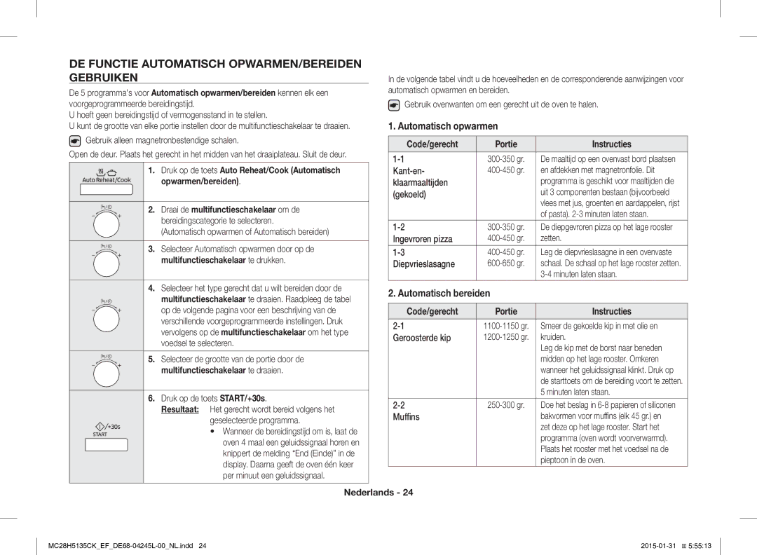 Samsung MC28H5135CK/EF DE Functie Automatisch OPWARMEN/BEREIDEN Gebruiken, Automatisch opwarmen, Automatisch bereiden 