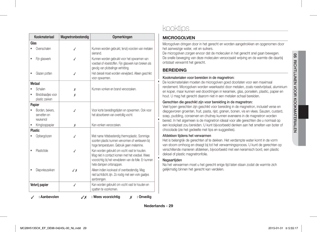 Samsung MC28H5135CK/EF manual Kooktips, Microgolven, Bereiding 