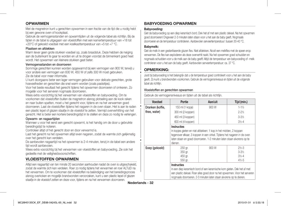 Samsung MC28H5135CK/EF manual Vloeistoffen Opwarmen, Babyvoeding Opwarmen, Opmerking 