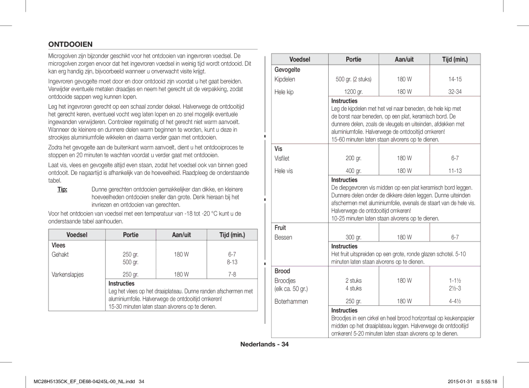 Samsung MC28H5135CK/EF manual Ontdooien 