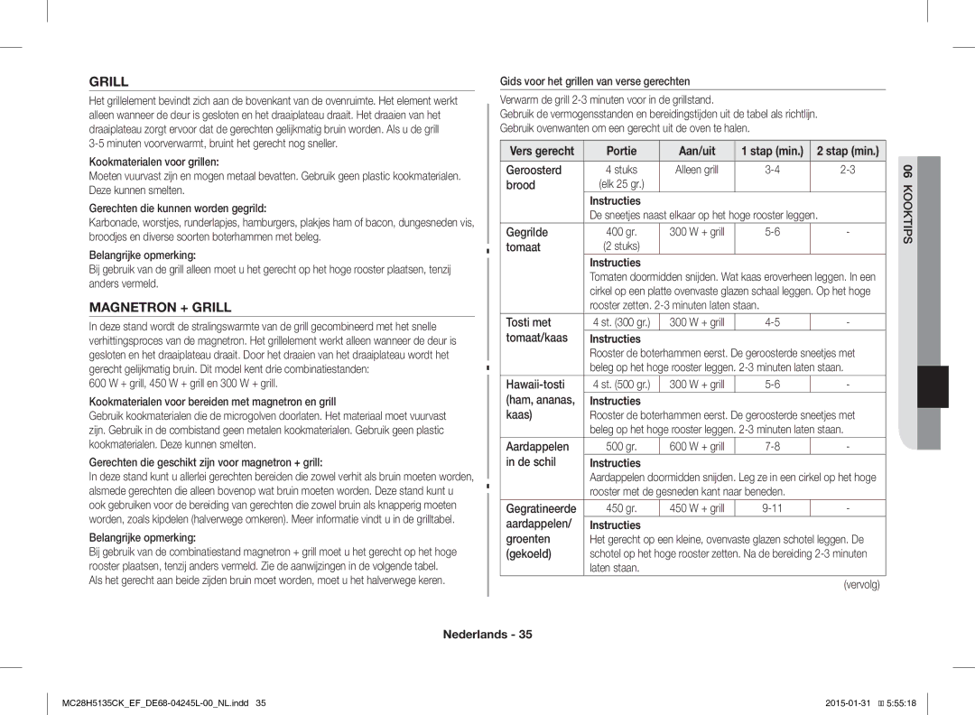 Samsung MC28H5135CK/EF manual Magnetron + Grill, Portie Aan/uit 