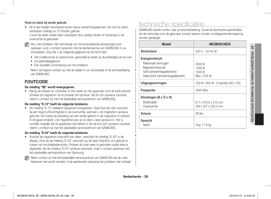 Samsung MC28H5135CK/EF manual Technische specificaties, Foutcode 