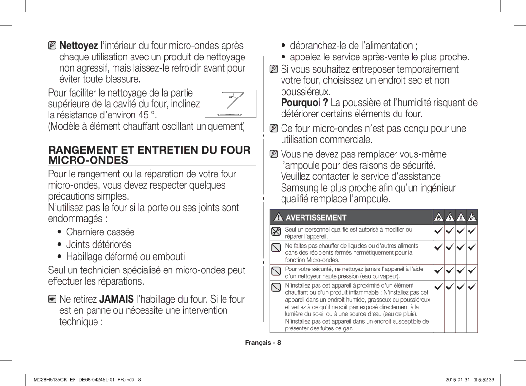 Samsung MC28H5135CK/EF manual Rangement ET Entretien DU Four MICRO-ONDES 