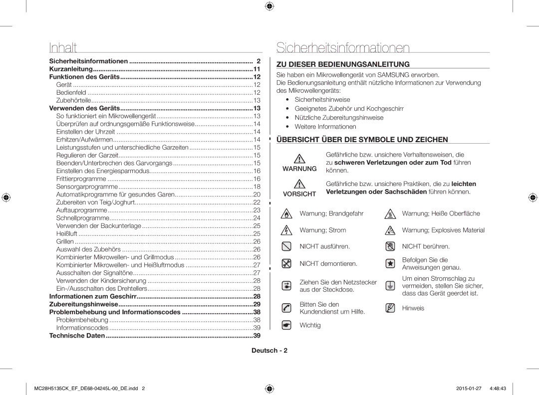 Samsung MC28H5135CK/EF Sicherheitsinformationen, ZU Dieser Bedienungsanleitung, Übersicht Über DIE Symbole UND Zeichen 