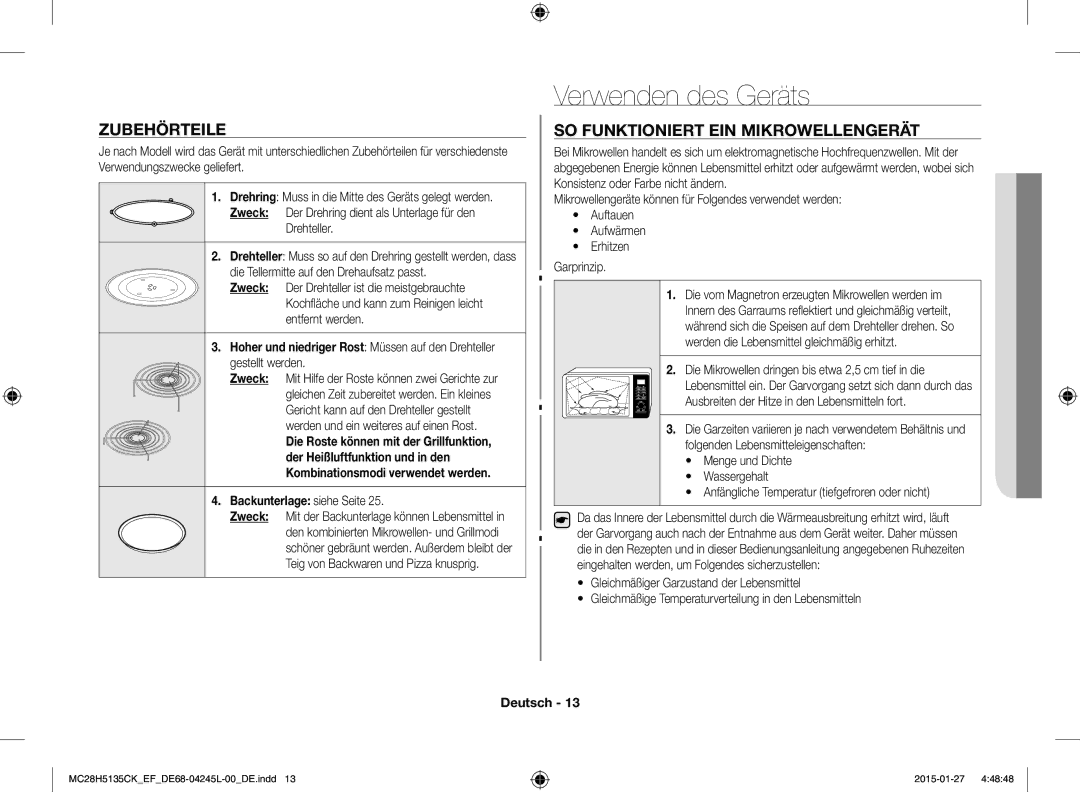 Samsung MC28H5135CK/EF Verwenden des Geräts, Zubehörteile, SO Funktioniert EIN Mikrowellengerät, Backunterlage siehe Seite 