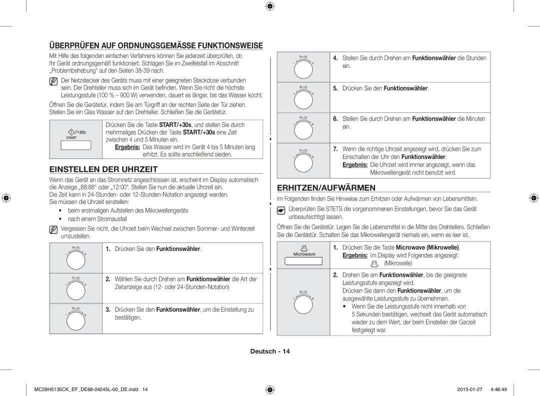 Samsung MC28H5135CK/EF manual Einstellen DER Uhrzeit, Erhitzen/Aufwärmen, Überprüfen AUF Ordnungsgemässe Funktionsweise 