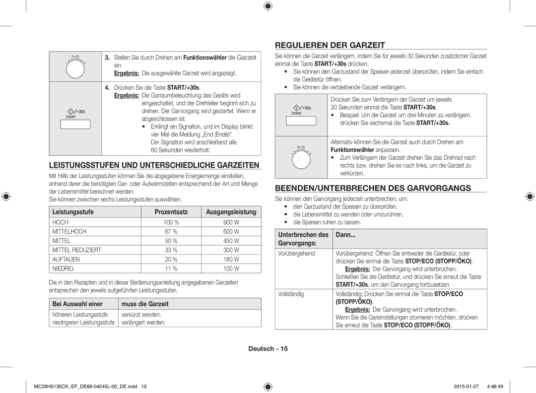 Samsung MC28H5135CK/EF manual Leistungsstufen UND Unterschiedliche Garzeiten, Regulieren DER Garzeit 