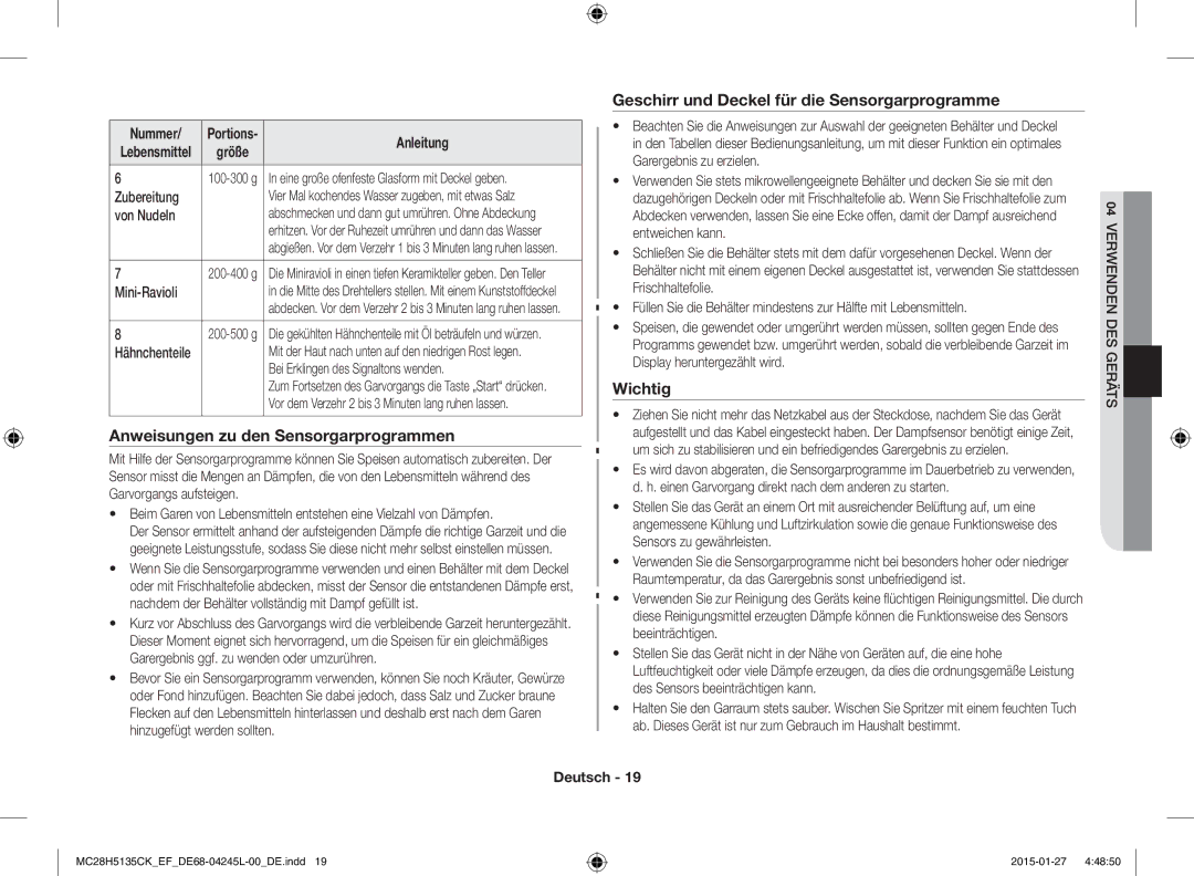 Samsung MC28H5135CK/EF Anweisungen zu den Sensorgarprogrammen, Geschirr und Deckel für die Sensorgarprogramme, Wichtig 
