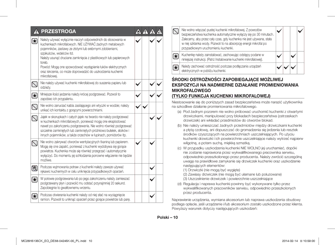 Samsung MC28H5135CK/EO manual Przestroga 