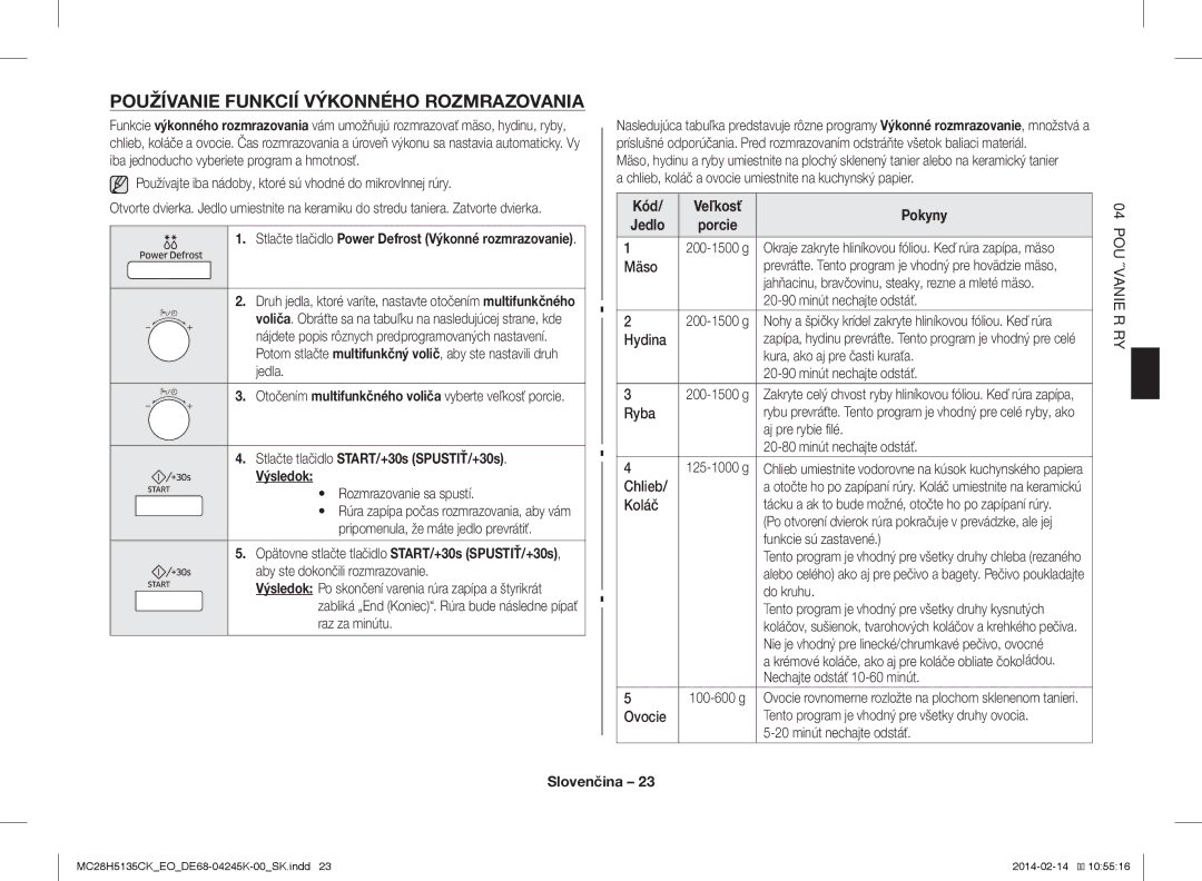 Samsung MC28H5135CK/EO manual Používanie Funkcií Výkonného Rozmrazovania, Stlačte tlačidlo START/+30s SPUSTIŤ/+30s Výsledok 