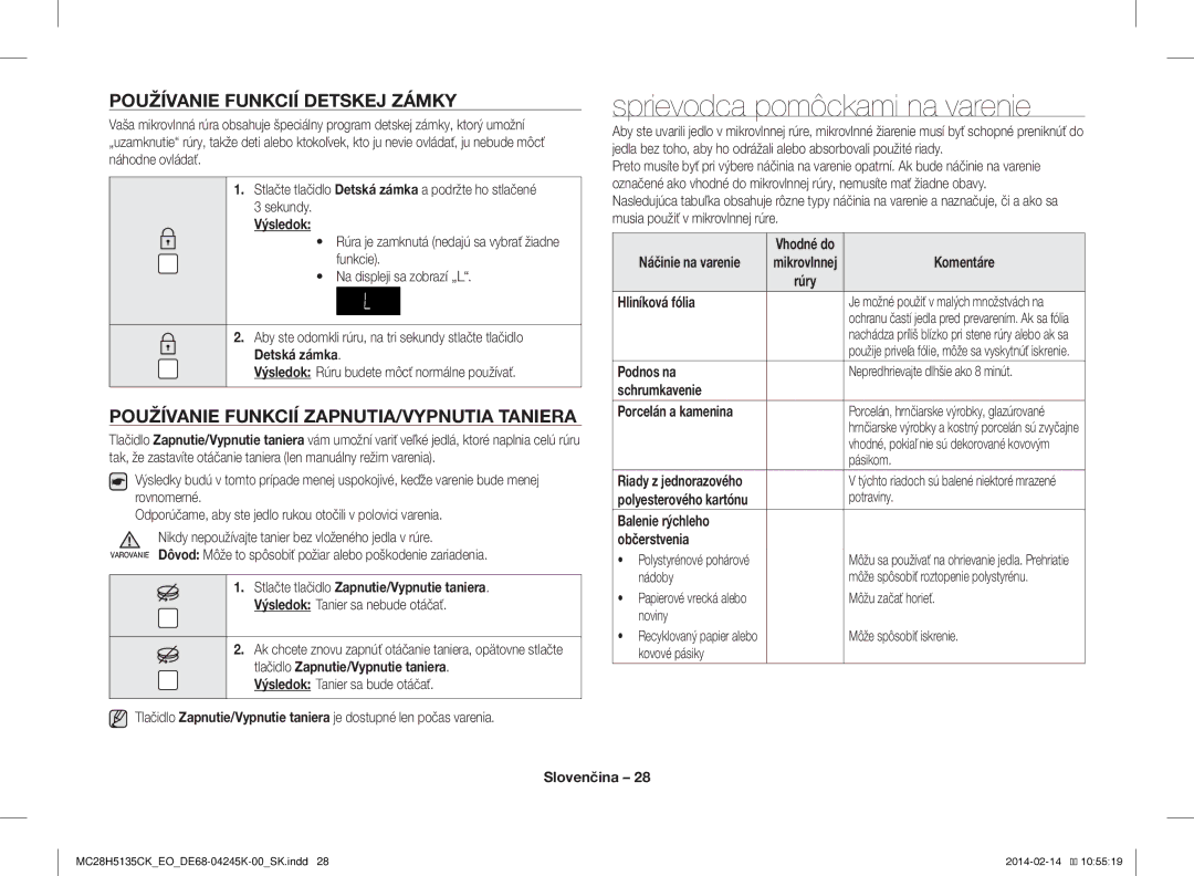 Samsung MC28H5135CK/EO manual Sprievodca pomôckami na varenie, Používanie Funkcií Detskej Zámky 