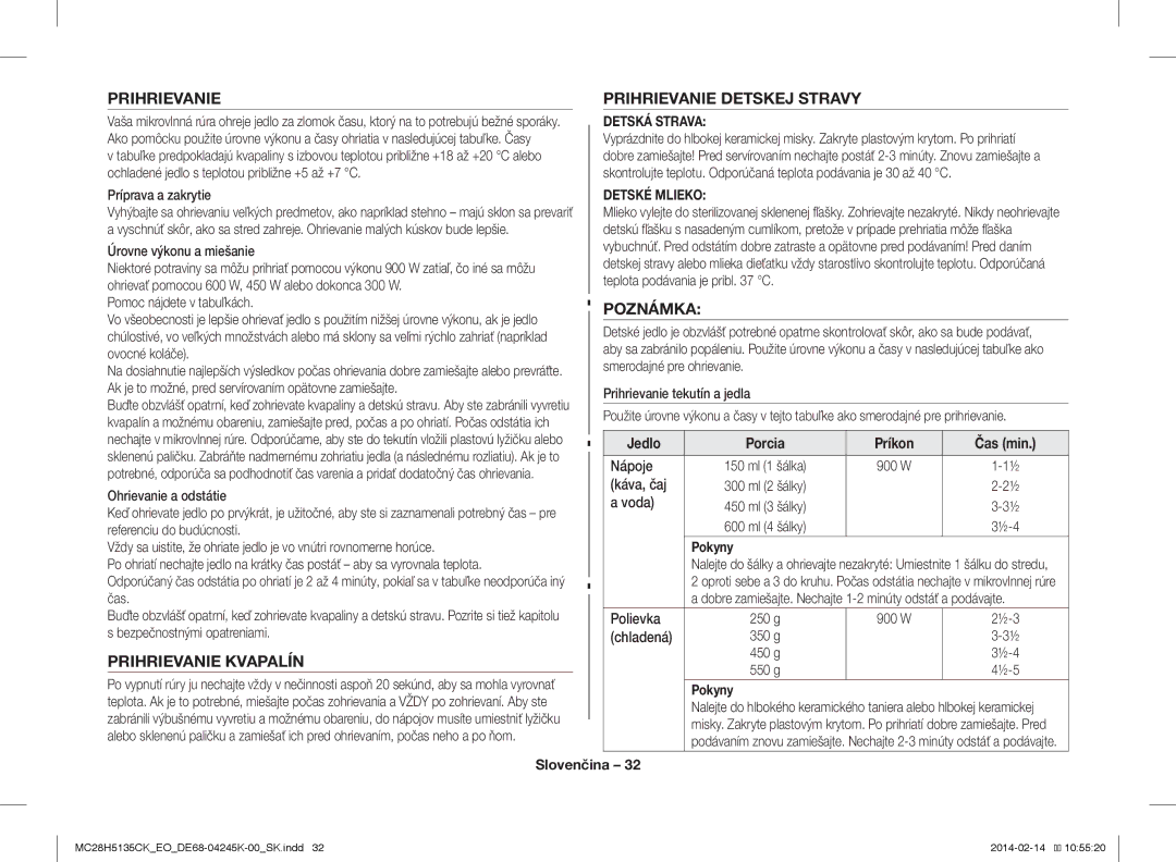 Samsung MC28H5135CK/EO manual Prihrievanie Prihrievanie Detskej Stravy, Poznámka, Prihrievanie Kvapalín 