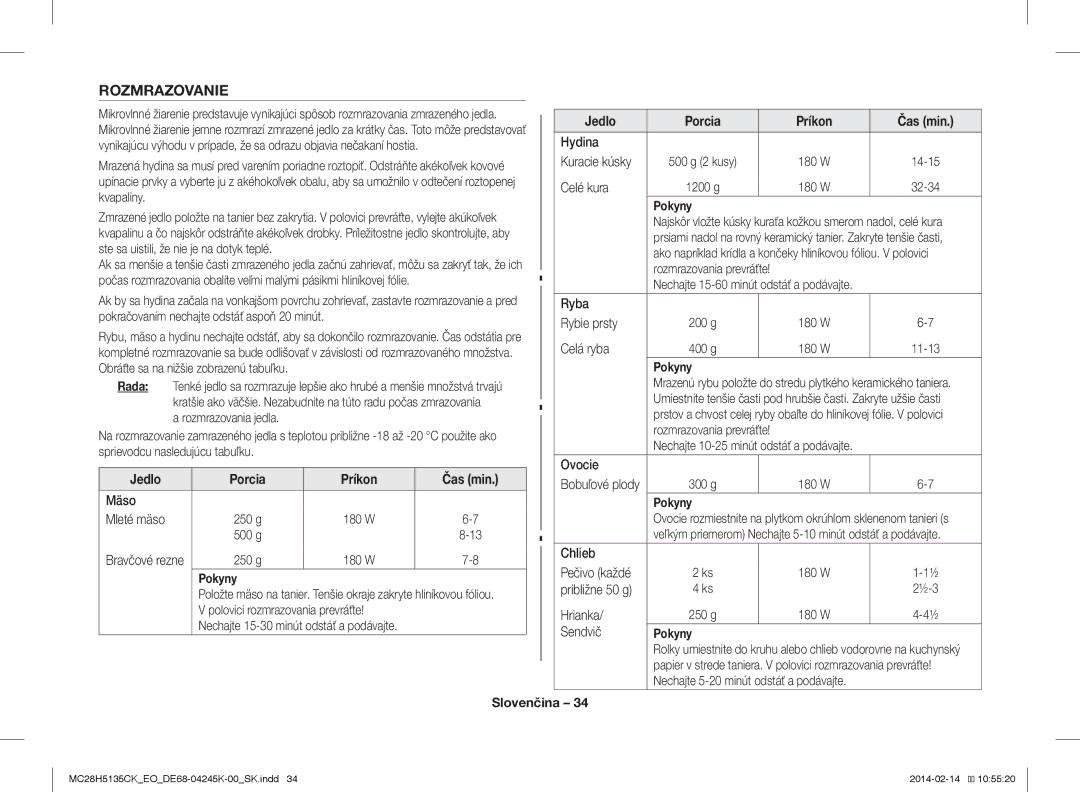 Samsung MC28H5135CK/EO manual Rozmrazovanie, Jedlo Porcia Príkon Čas min Hydina Kuracie kúsky, Celé kura 