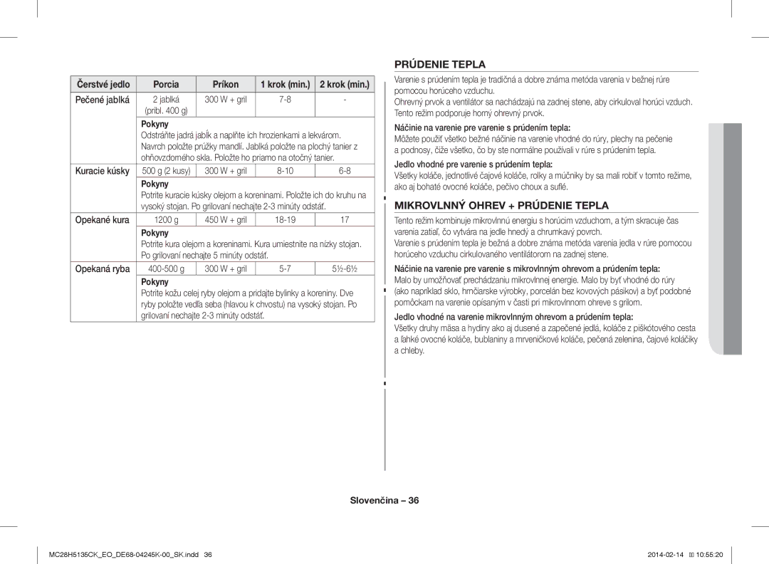 Samsung MC28H5135CK/EO manual Mikrovlnný Ohrev + Prúdenie Tepla 