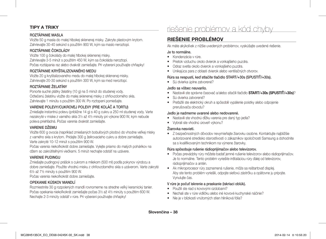 Samsung MC28H5135CK/EO manual Riešenie problémov a kód chyby, Riešenie Problémov, Tipy a Triky 