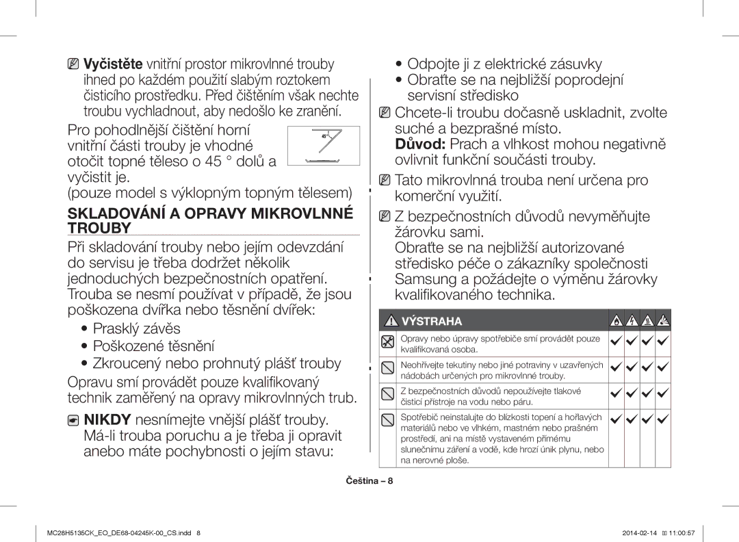 Samsung MC28H5135CK/EO manual Skladování a Opravy Mikrovlnné Trouby, Výstraha 