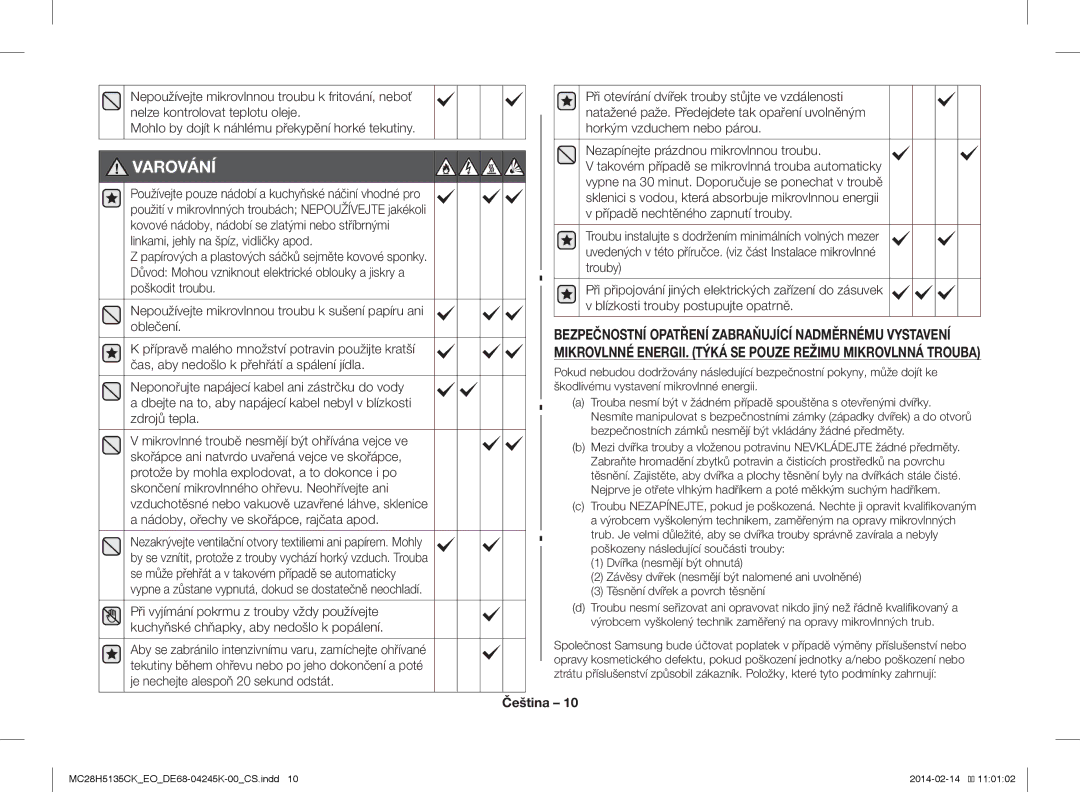 Samsung MC28H5135CK/EO manual Varování 