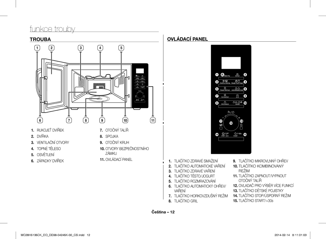 Samsung MC28H5135CK/EO manual Funkce trouby, Trouba Ovládací Panel 