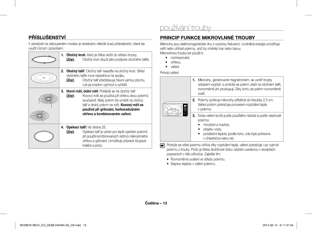 Samsung MC28H5135CK/EO Používání trouby, Příslušenství, Princip Funkce Mikrovlnné Trouby, Ohřevu a kombinovaném vaření 