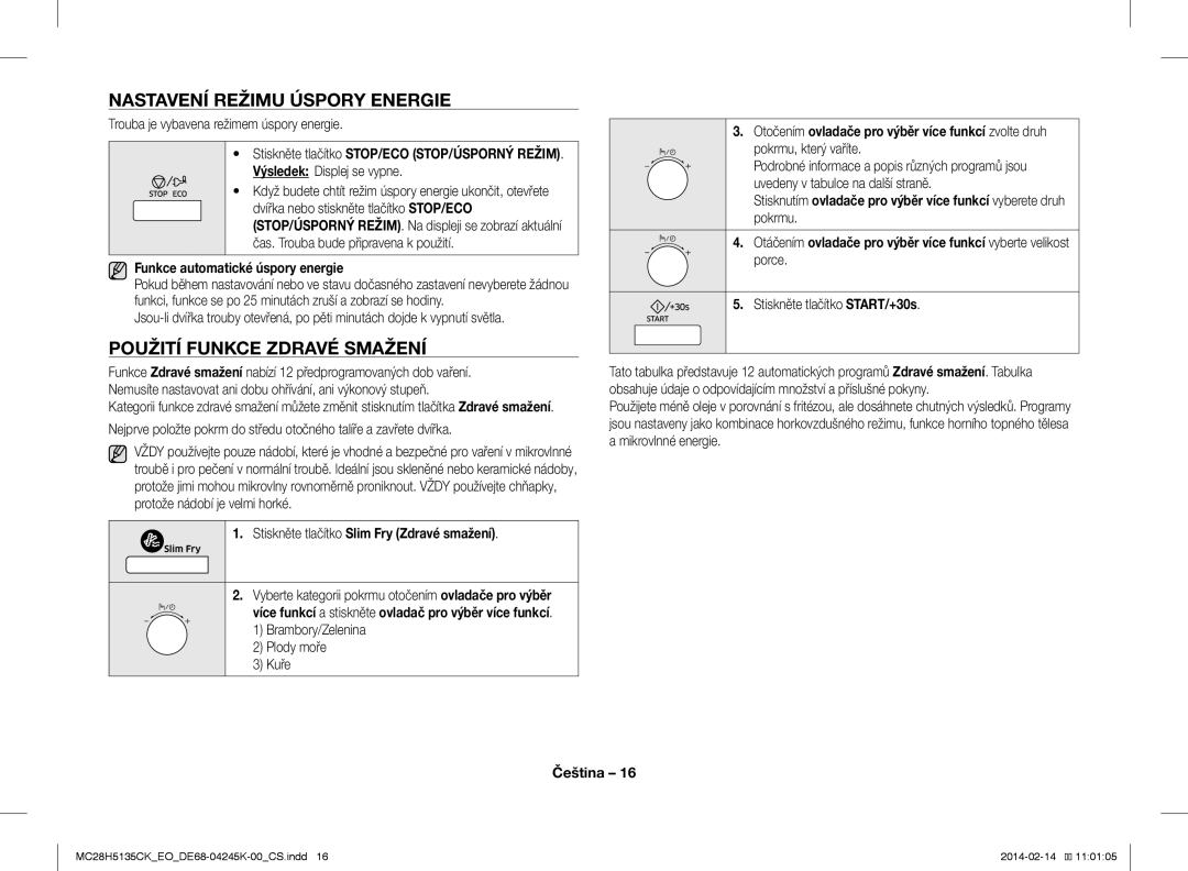 Samsung MC28H5135CK/EO Nastavení Režimu Úspory Energie, Použití Funkce Zdravé Smažení, Funkce automatické úspory energie 