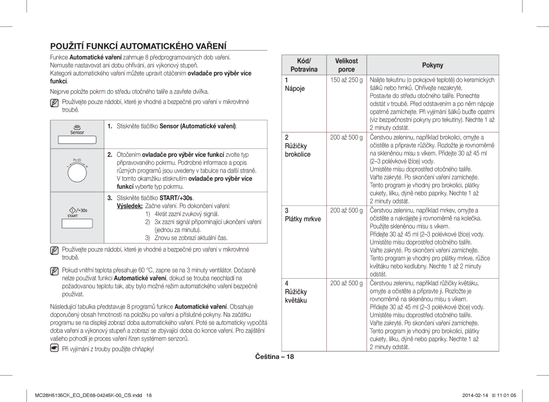 Samsung MC28H5135CK/EO Použití Funkcí Automatického Vaření, Kód, Potravina, Stiskněte tlačítko Sensor Automatické vaření 