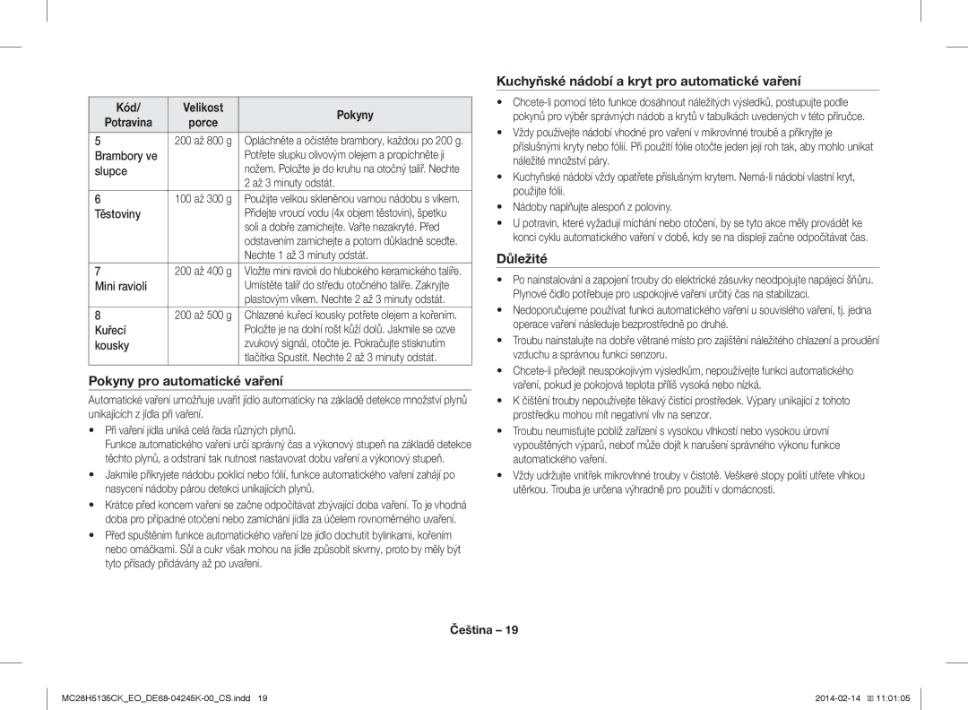 Samsung MC28H5135CK/EO manual Pokyny pro automatické vaření, Kuchyňské nádobí a kryt pro automatické vaření, Důležité 