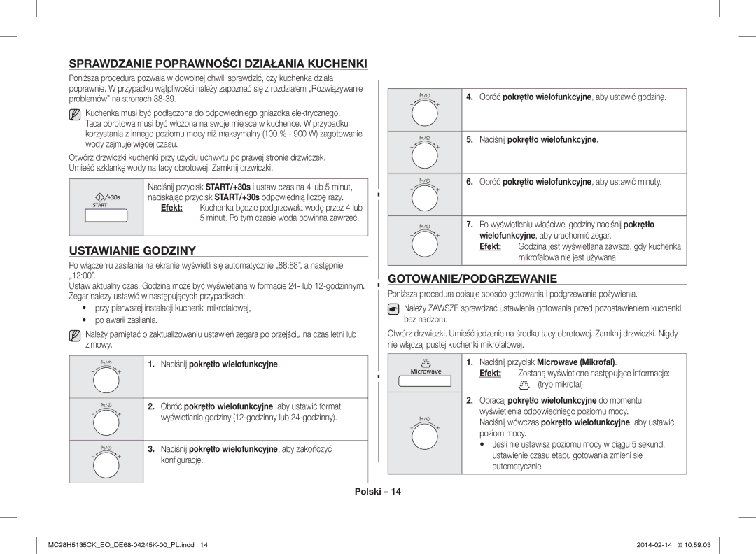 Samsung MC28H5135CK/EO manual Sprawdzanie Poprawności Działania Kuchenki, Ustawianie Godziny, Gotowanie/Podgrzewanie 