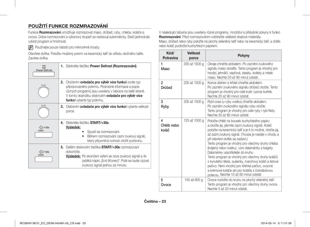 Samsung MC28H5135CK/EO manual Použití Funkce Rozmrazování, Stiskněte tlačítko Power Defrost Rozmrazování, Výsledek 