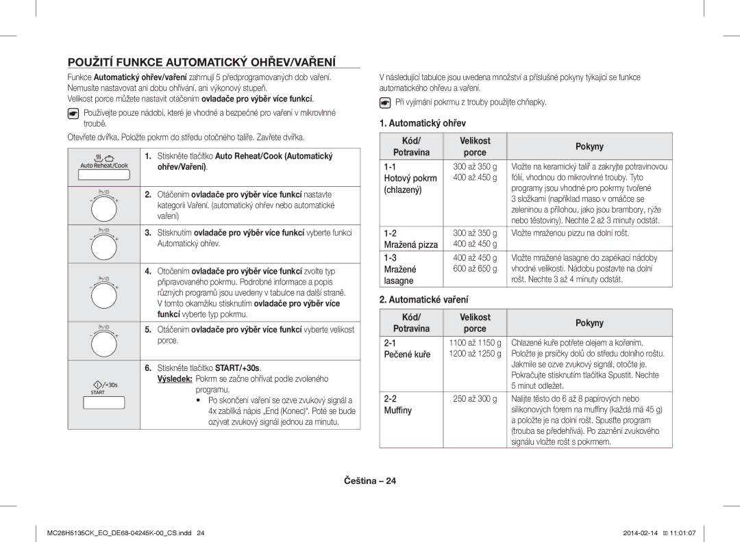 Samsung MC28H5135CK/EO manual Použití Funkce Automatický OHŘEV/VAŘENÍ, Automatický ohřev, Automatické vaření 