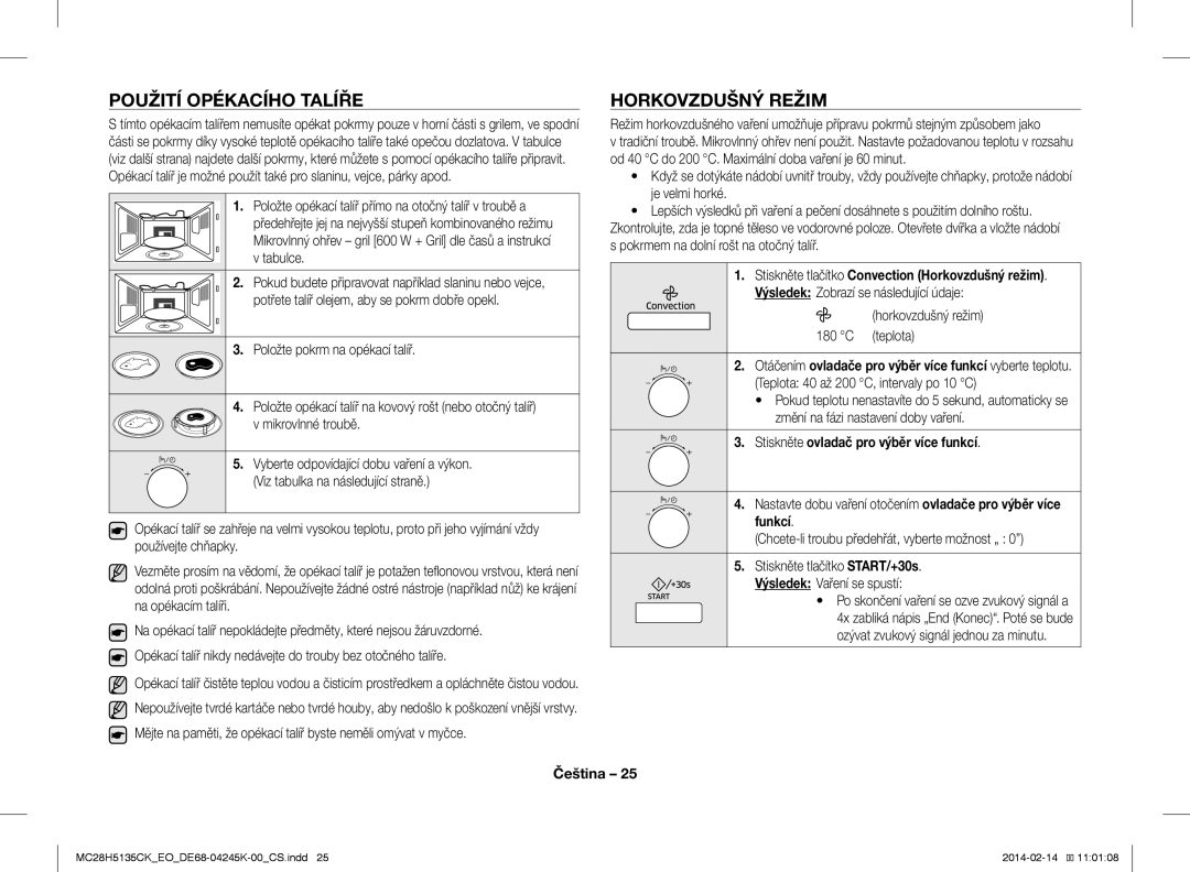 Samsung MC28H5135CK/EO manual Použití Opékacího Talíře, Horkovzdušný Režim, Horkovzdušný režim 180 C teplota 