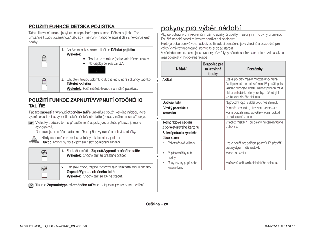 Samsung MC28H5135CK/EO manual Pokyny pro výběr nádobí, Použití Funkce Dětská Pojistka 