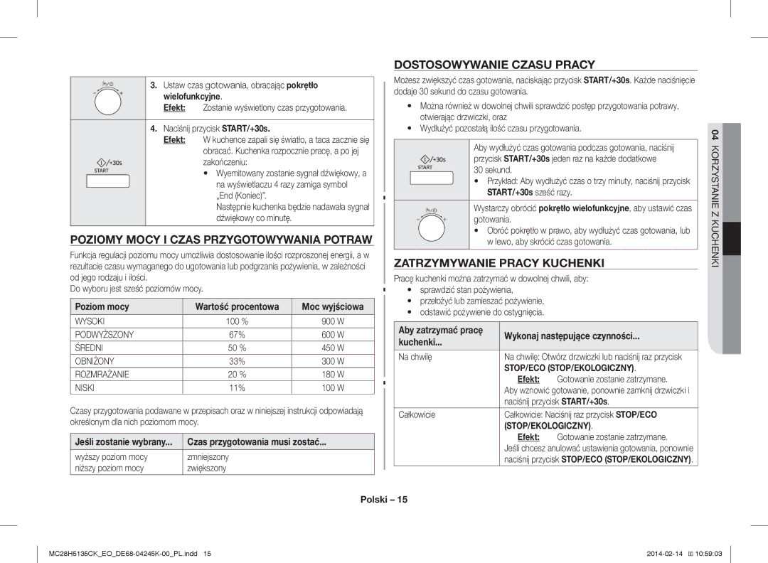 Samsung MC28H5135CK/EO manual Poziomy Mocy I Czas Przygotowywania Potraw, Dostosowywanie Czasu Pracy 