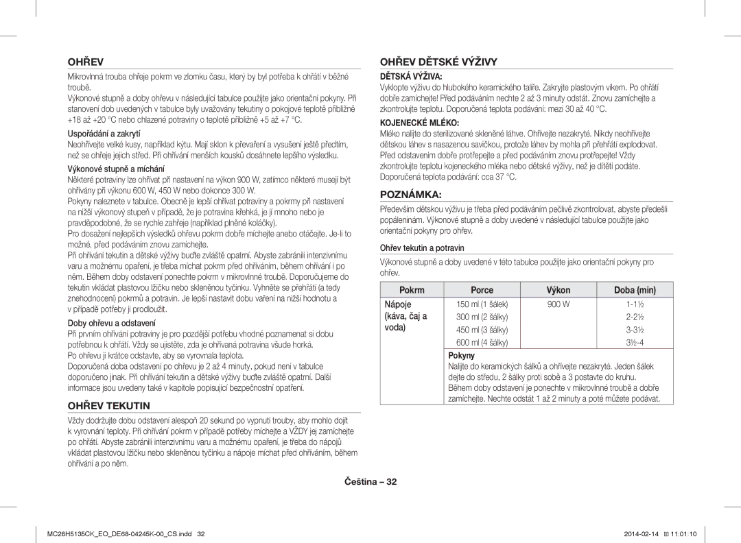 Samsung MC28H5135CK/EO manual Ohřev Tekutin, Ohřev Dětské Výživy 